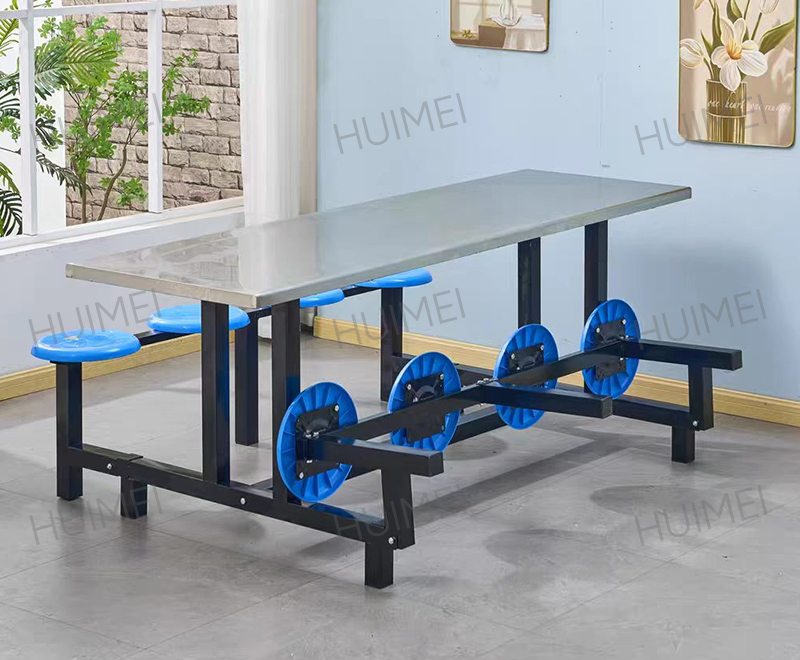 Mesa de comedor para estudiantes con estructura de acero Huimei y taburetes redondos fijos (plateado/azul) HMZX-014